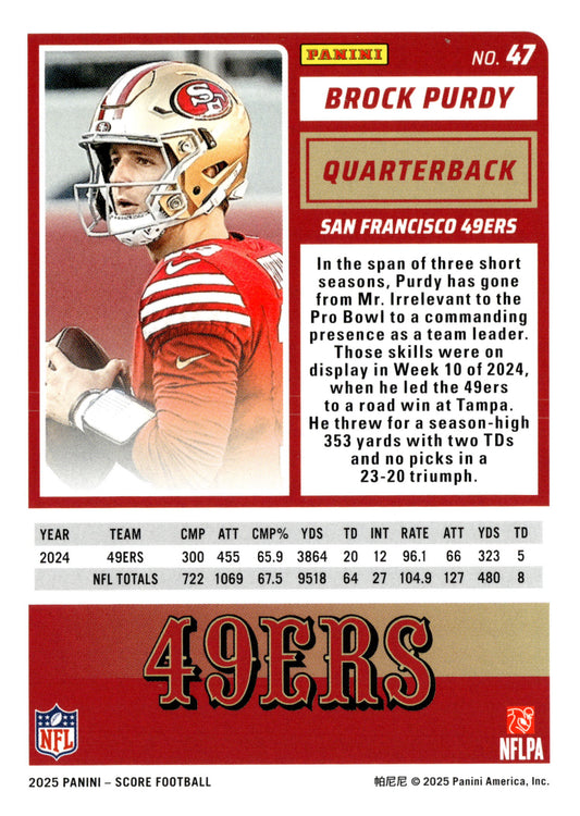 2025 Score #47 Brock Purdy Die Cut #/10 - single item listing, image for visual reference only