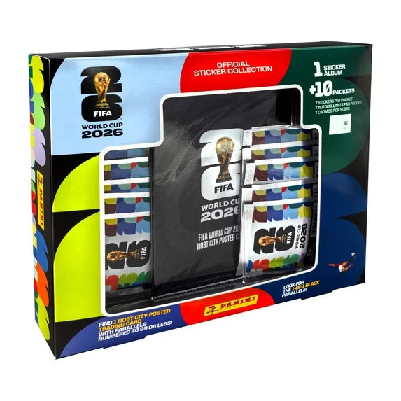 2026 Panini FIFA World Cup official sticker collection box with album sticker packets and Host City poster trading card