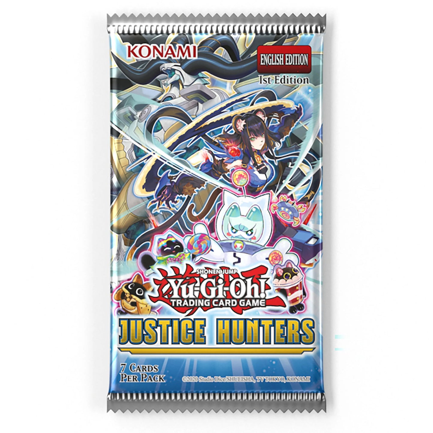 Sealed English Yu-Gi-Oh TCG Justice Hunters 1st Edition booster pack containing 7 cards