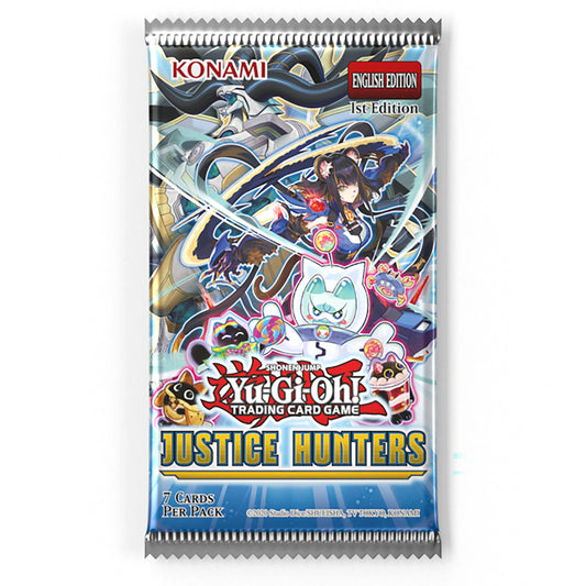 Sealed English Yu-Gi-Oh TCG Justice Hunters 1st Edition booster pack containing 7 cards