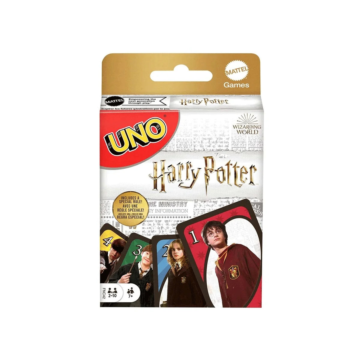UNO Harry Potter 112-card game box featuring Harry Hermione Ron and Wizarding World artwork