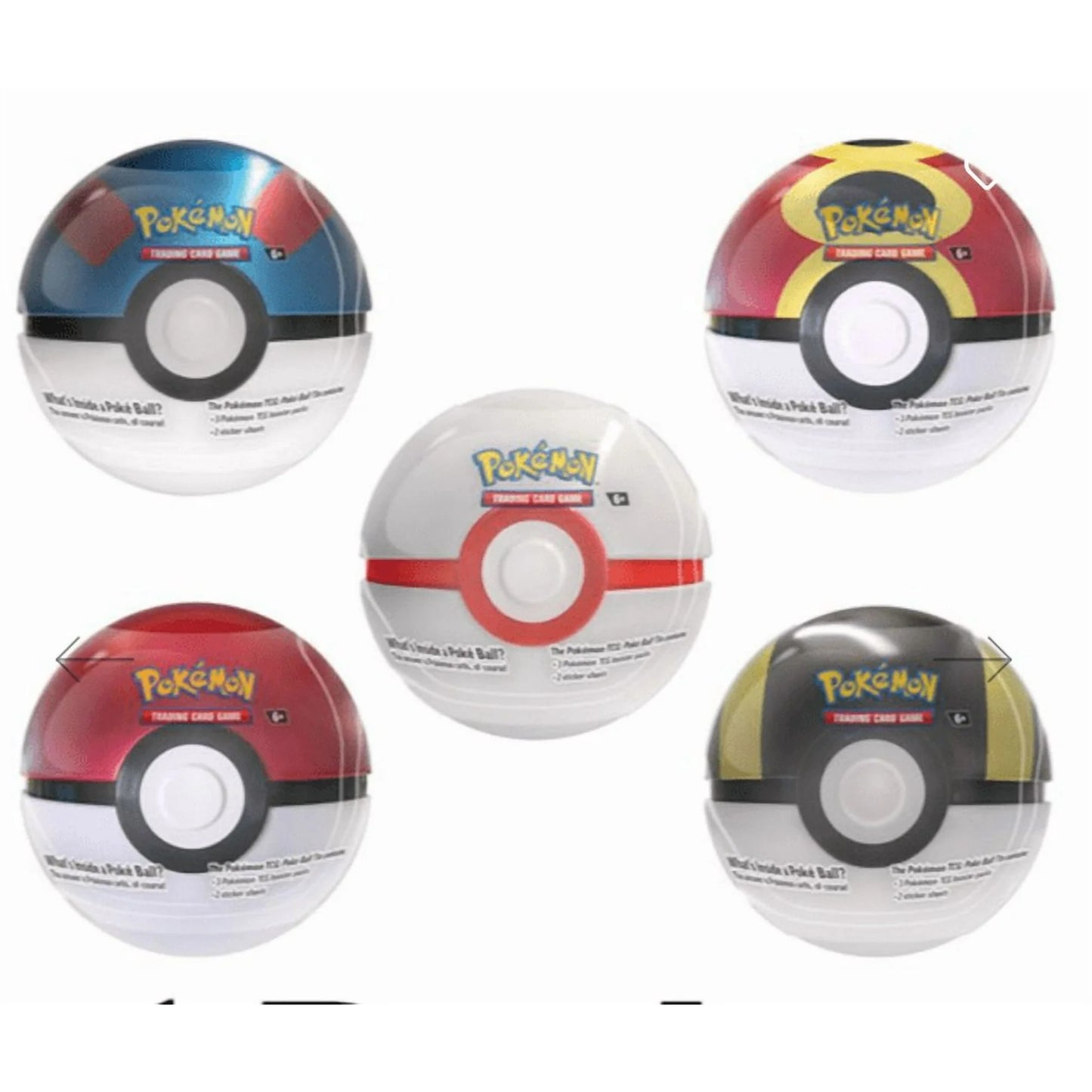 Factory-sealed Pokémon TCG Poké Ball Tin L25 with three randomized booster packs and stickers