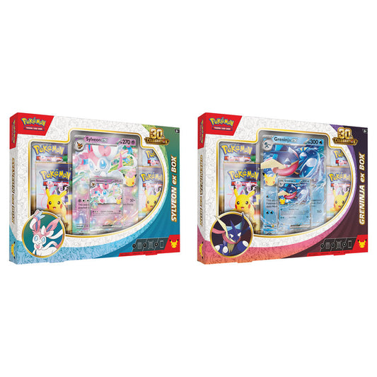 Pokémon TCG 30th Celebration ex Box featuring Sylveon ex or Greninja ex sealed product packaging