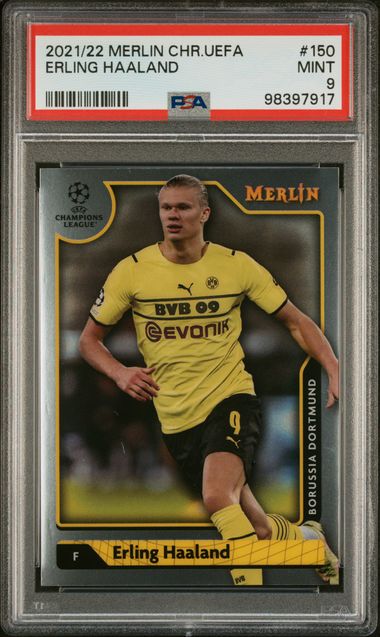 2021-22 Topps Merlin Chrome UEFA League Erling Haaland card number 150 graded PSA 9 Mint