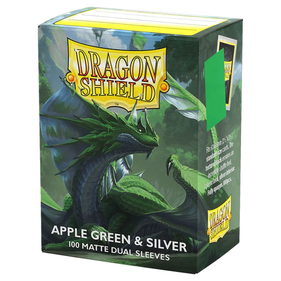 Dragon Shield Dual Matte Apple Green and Silver standard-size trading card sleeves in a 100-count box