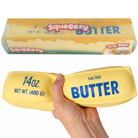 Yellow jumbo butter stick slow-rising squishy fidget toy with a realistic salted butter wrapper design