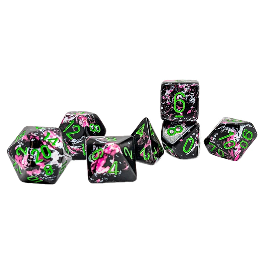 Chessex Brush Paintball seven-piece polyhedral dice set with green numbers in a lidded display case