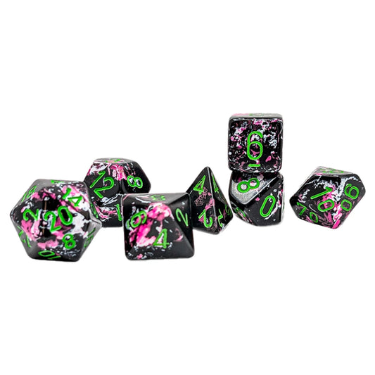 Chessex Brush Paintball seven-piece polyhedral dice set with green numbers in a lidded display case
