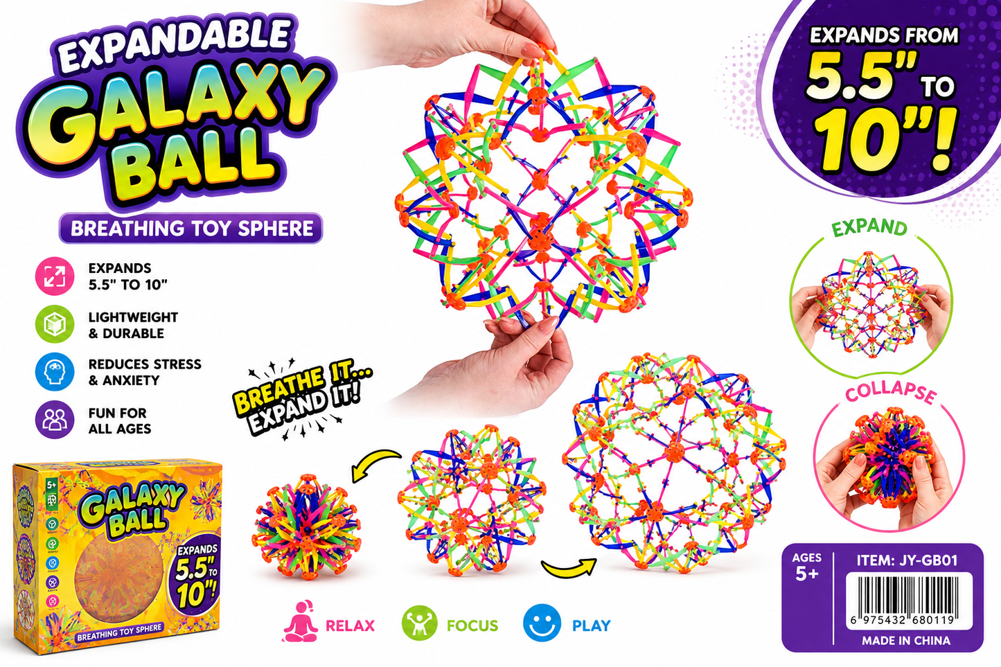 Jiaying Expandable Galaxy Ball Breathing Toy Sphere 5.5 to 10 Inch