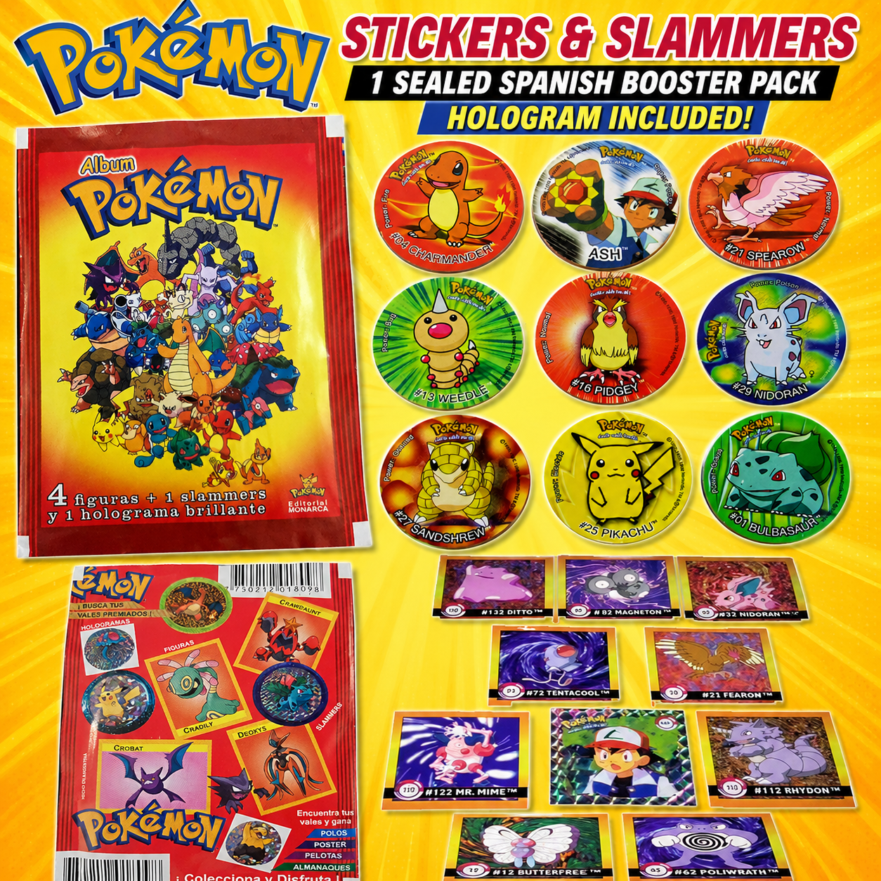 Vintage Pokémon Stickers & Slammer Single Booster Pack Sealed Spanish (Hologram Included) - 1 Pack - Booster Pack