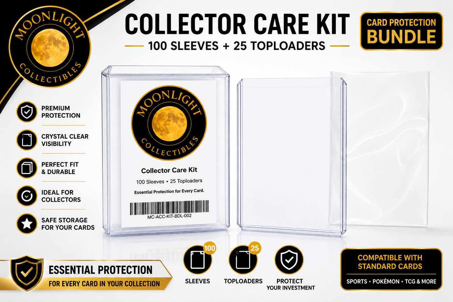 Collector Care Kit – 100 Sleeves + 25 Toploaders Card Protection Bundle - Trading Card Bundle