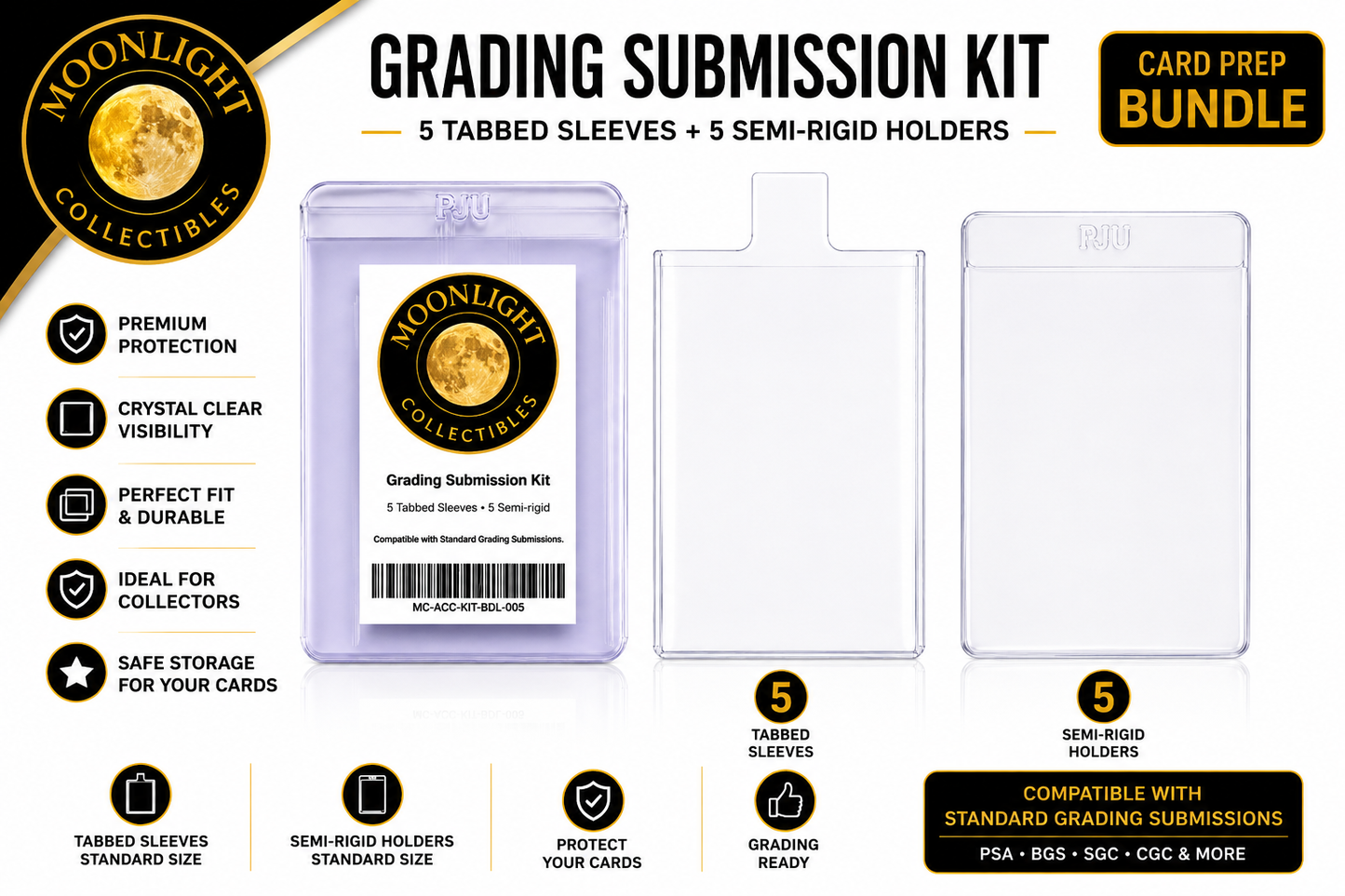 Grading Submission Kit – 5 Tab Sleeves + 5 Semi-Rigid Holders Bundle - Trading Card