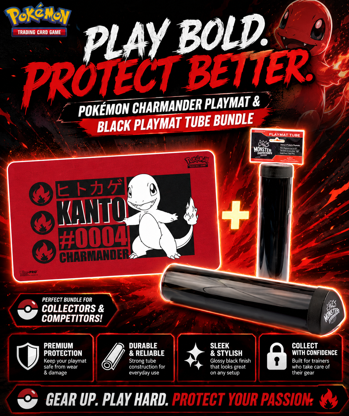 Pokemon Charmander Playmat and Black Playmat Tube Bundle