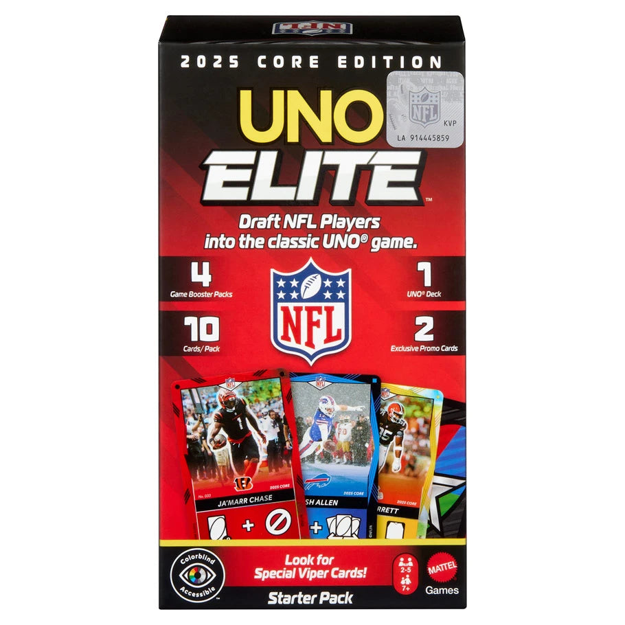 UNO Elite NFL 2025 Core Edition Starter Pack with UNO cards booster packs and promotional cards