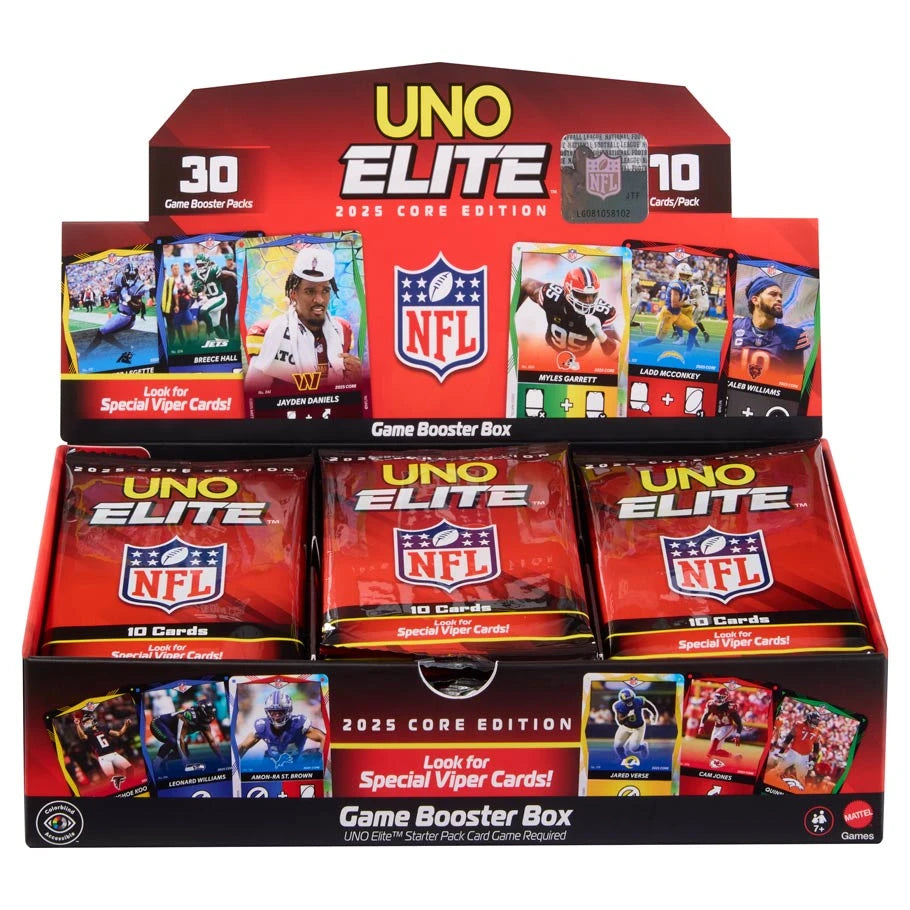 UNO Elite NFL Game Booster Pack containing 10 cards with display box shown for reference