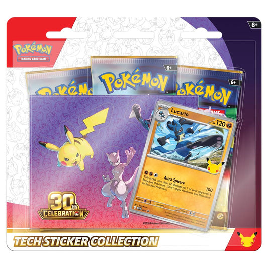 Pokémon TCG 30th Celebration Tech Sticker Collection featuring Alolan Exeggutor or Lucario sealed product packaging