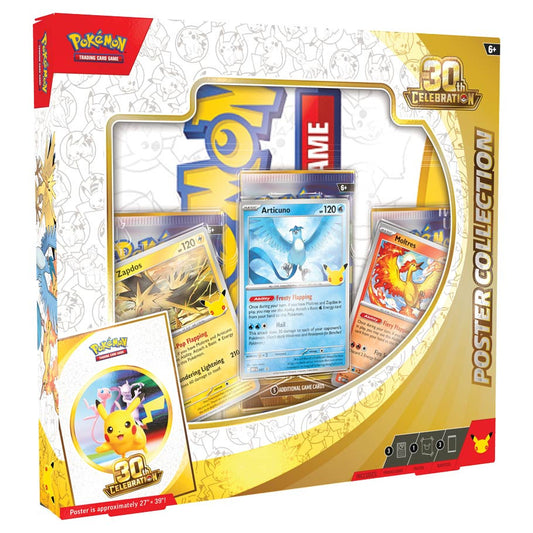 Pokémon TCG 30th Celebration Poster Collection with Articuno Zapdos Moltres promo cards poster and booster packs