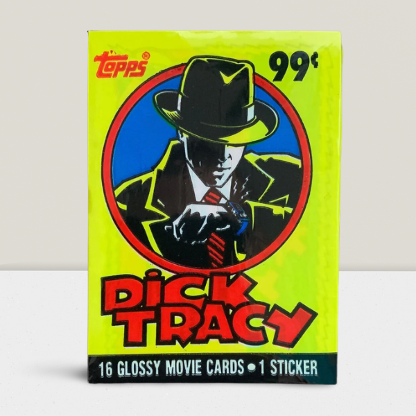Sealed 1990 Topps Dick Tracy movie jumbo pack with 16 glossy cards and one sticker