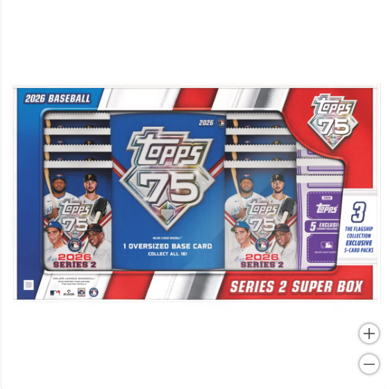 Sealed Topps 2026 Series 2 Baseball 75th Anniversary Super Box with base packs bonus packs and oversized card