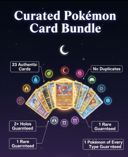 Curated Pokémon Card Bundle — 23 Authentic Cards, No Duplicates, 2+ Holos & 1 Rare Guaranteed