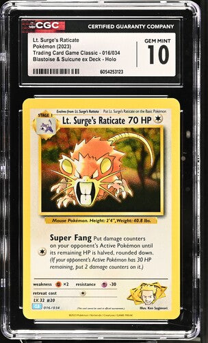 2023 English Pokémon Trading Card Game Classic Lt. Surge's Raticate 016/034 Holo graded CGC GEM MINT 10