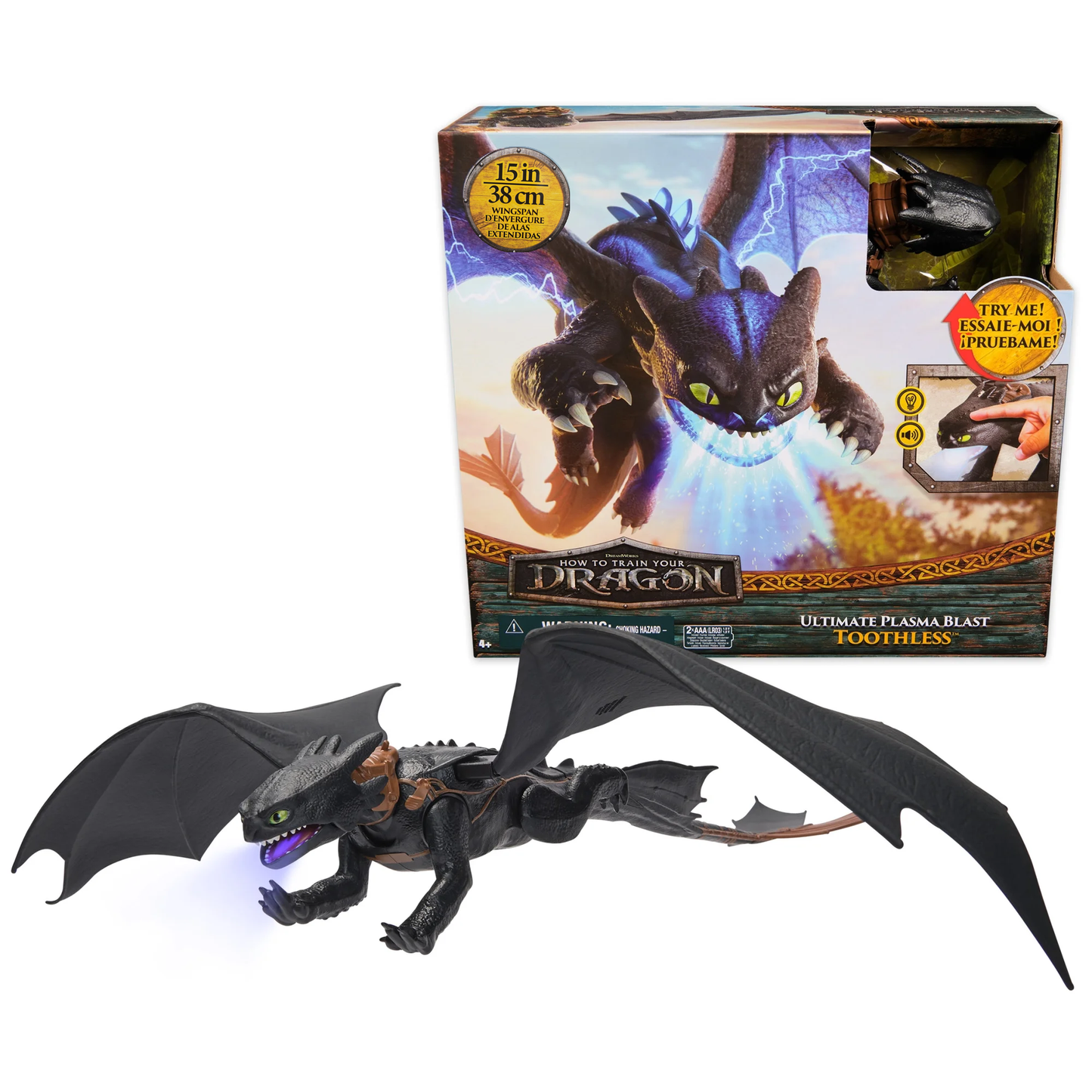 DreamWorks Dragons Ultimate Plasma Blast Toothless figure with extended 15-inch wingspan