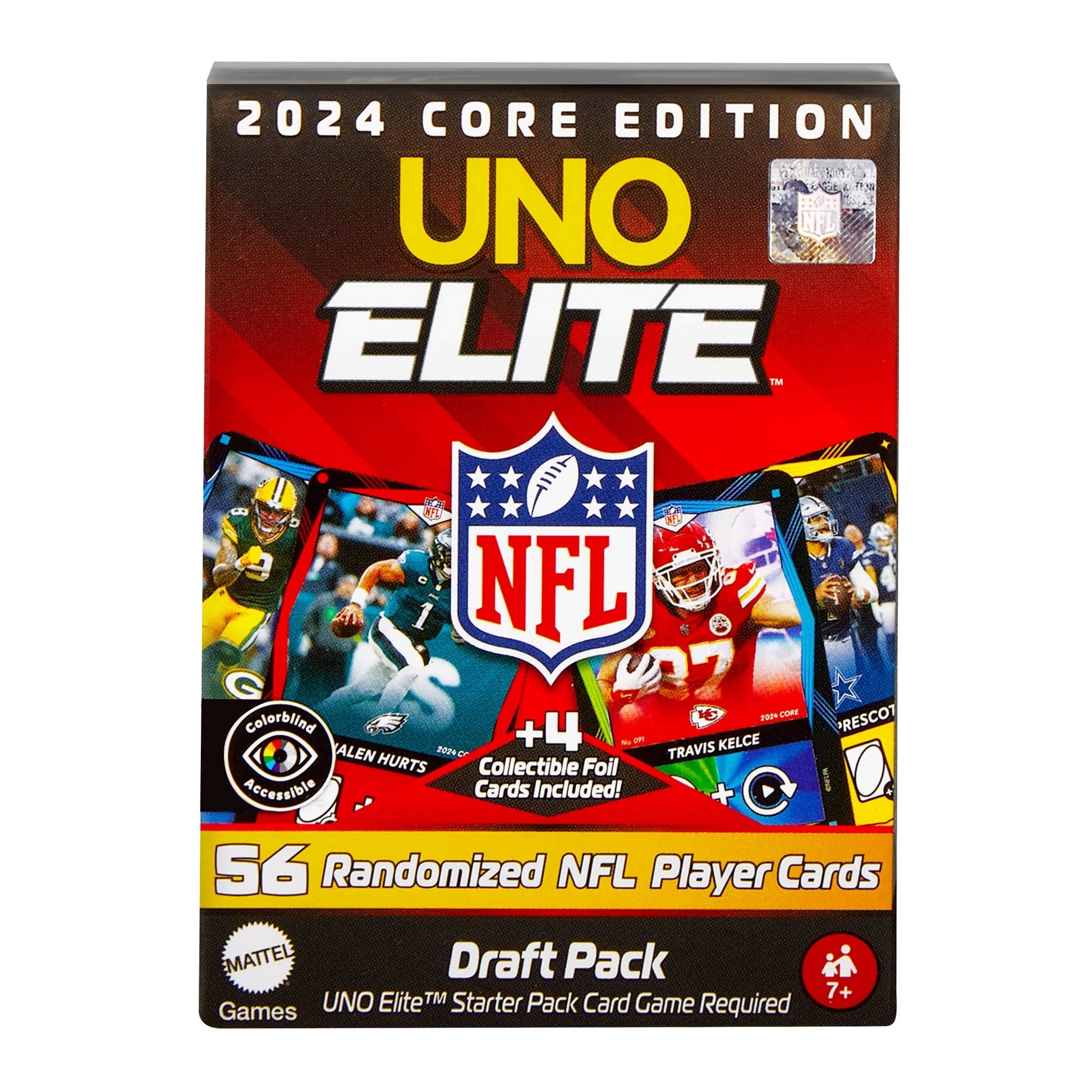 Mattel UNO Elite NFL 2024 Core Edition Draft Pack with randomized NFL player cards and collectible foil cards
