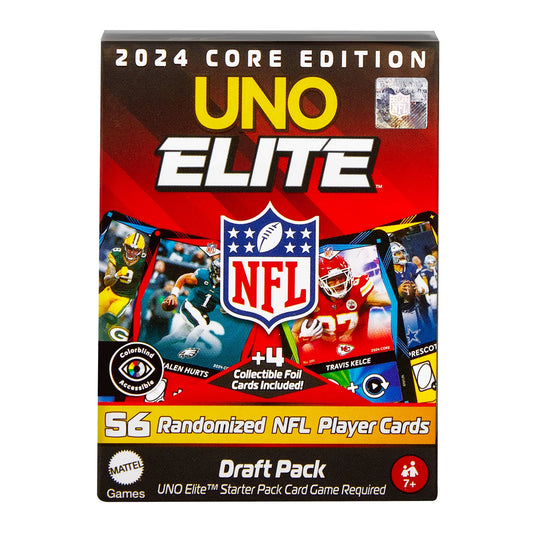Mattel UNO Elite NFL 2024 Core Edition Draft Pack with randomized NFL player cards and collectible foil cards