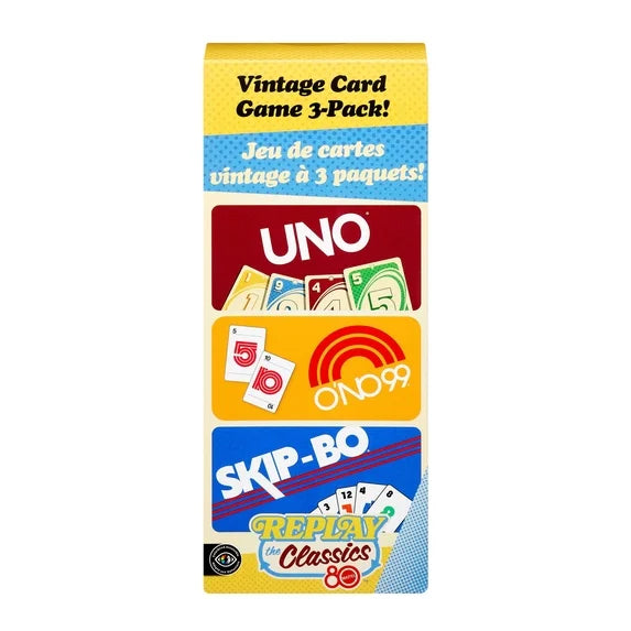 Mattel vintage-inspired card game set containing UNO O'NO 99 and Skip-Bo games