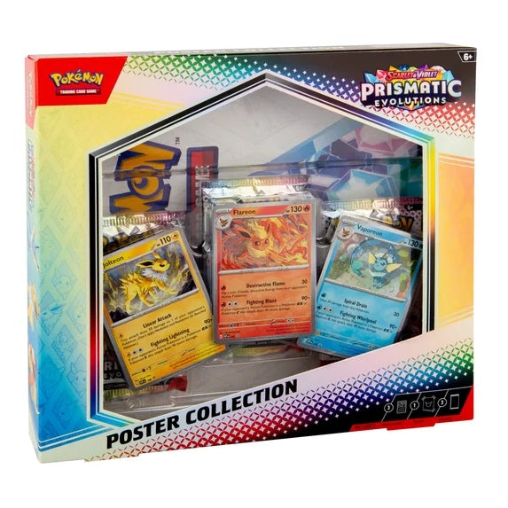 Pokémon TCG Scarlet and Violet Prismatic Evolutions Poster Collection with Flareon Vaporeon and Jolteon promo cards and three booster packs