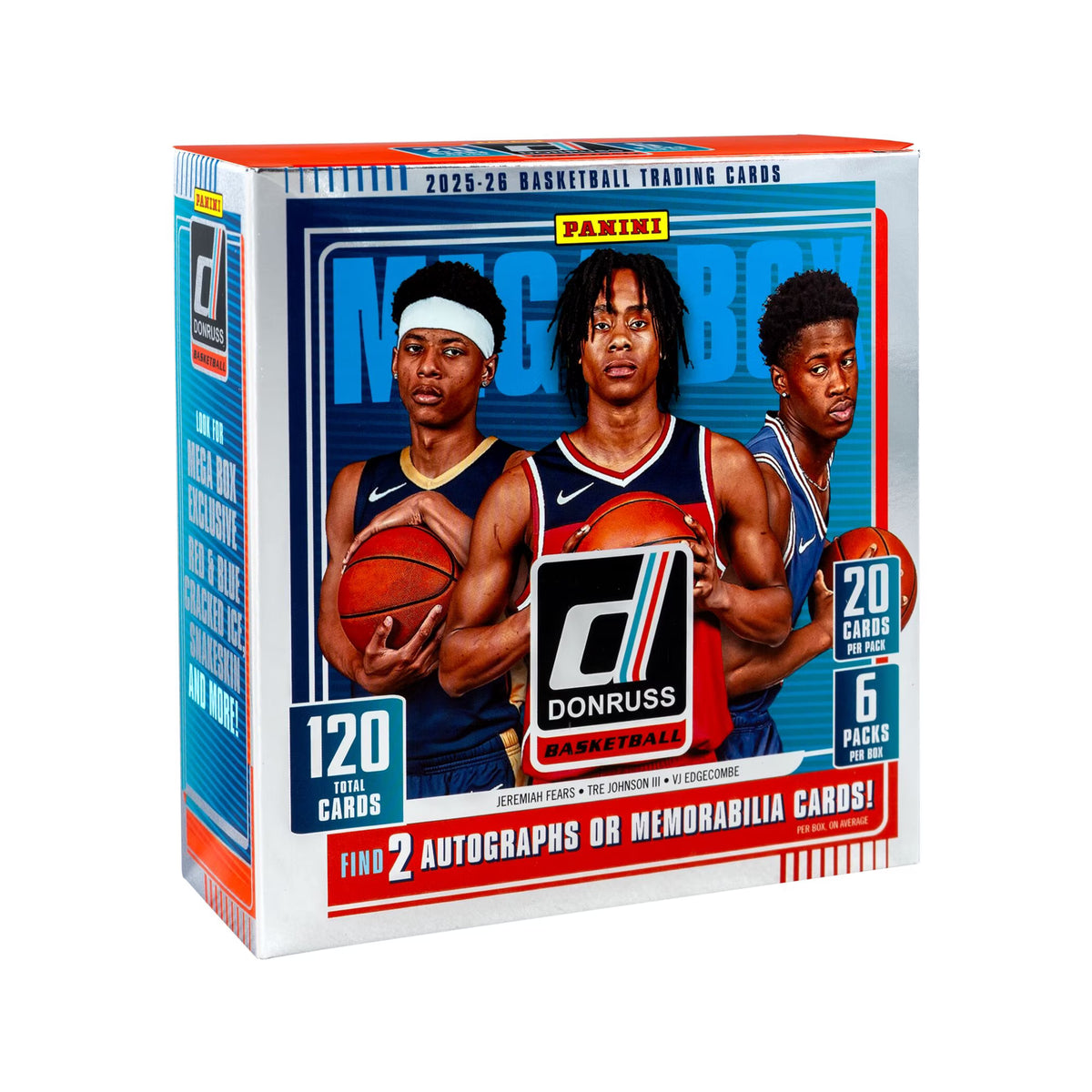 2025-26 Panini Donruss Basketball Mega Box with six packs and 120 total trading cards