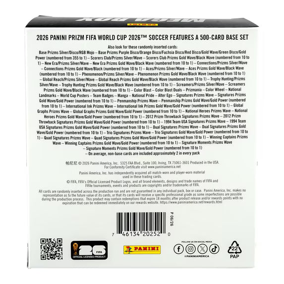 2026 Panini Prizm FIFA World Cup Soccer Trading Cards Mega Box – 42 Cards