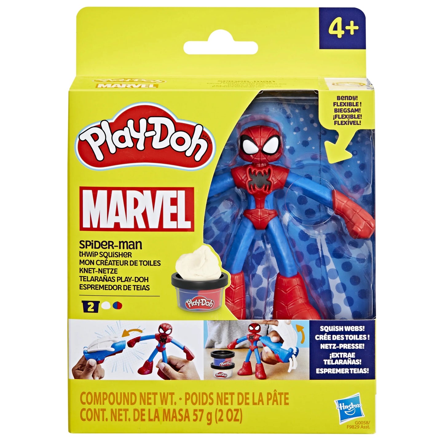 Play-Doh Marvel Spider-Man Thwip Squisher set with bendy figure book-mold tool and two compound cans