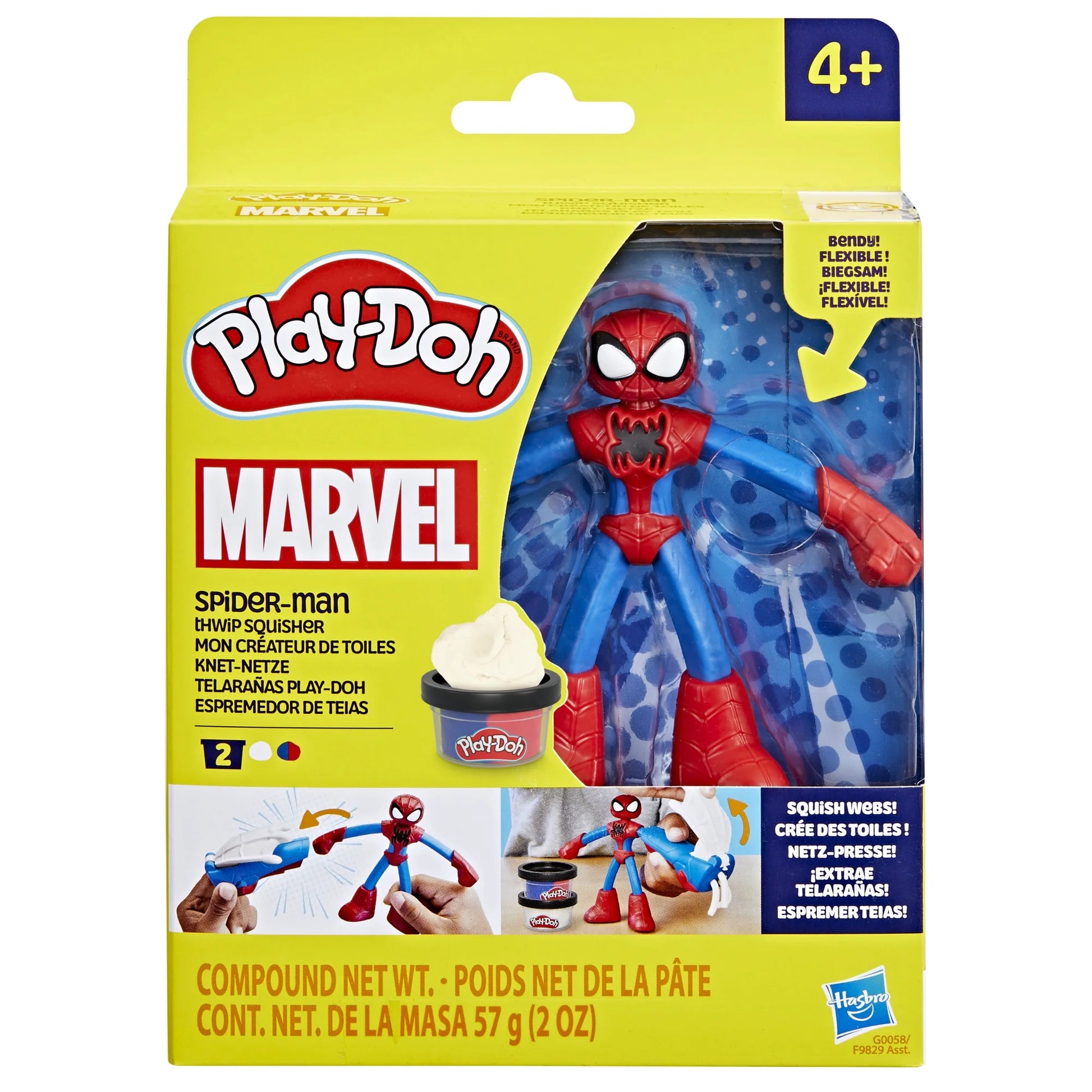 Play-Doh Marvel Spider-Man Thwip Squisher set with bendy figure book-mold tool and two compound cans