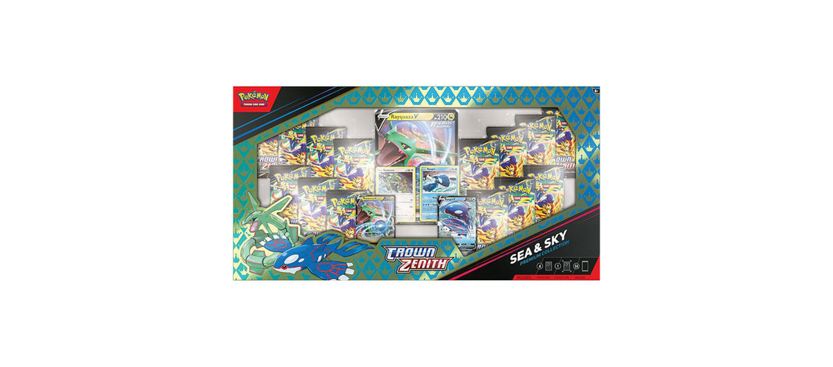 Pokemon TCG Crown Zenith Sea and Sky Premium Collection with 14 booster packs and Rayquaza and Kyogre foil cards