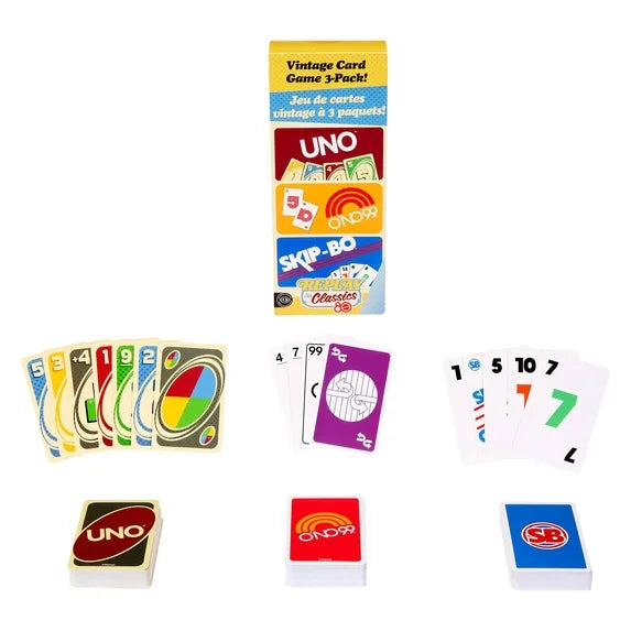 Mattel Vintage-Inspired 3 Card Game Set with UNO, O'NO 99 & Skip-Bo