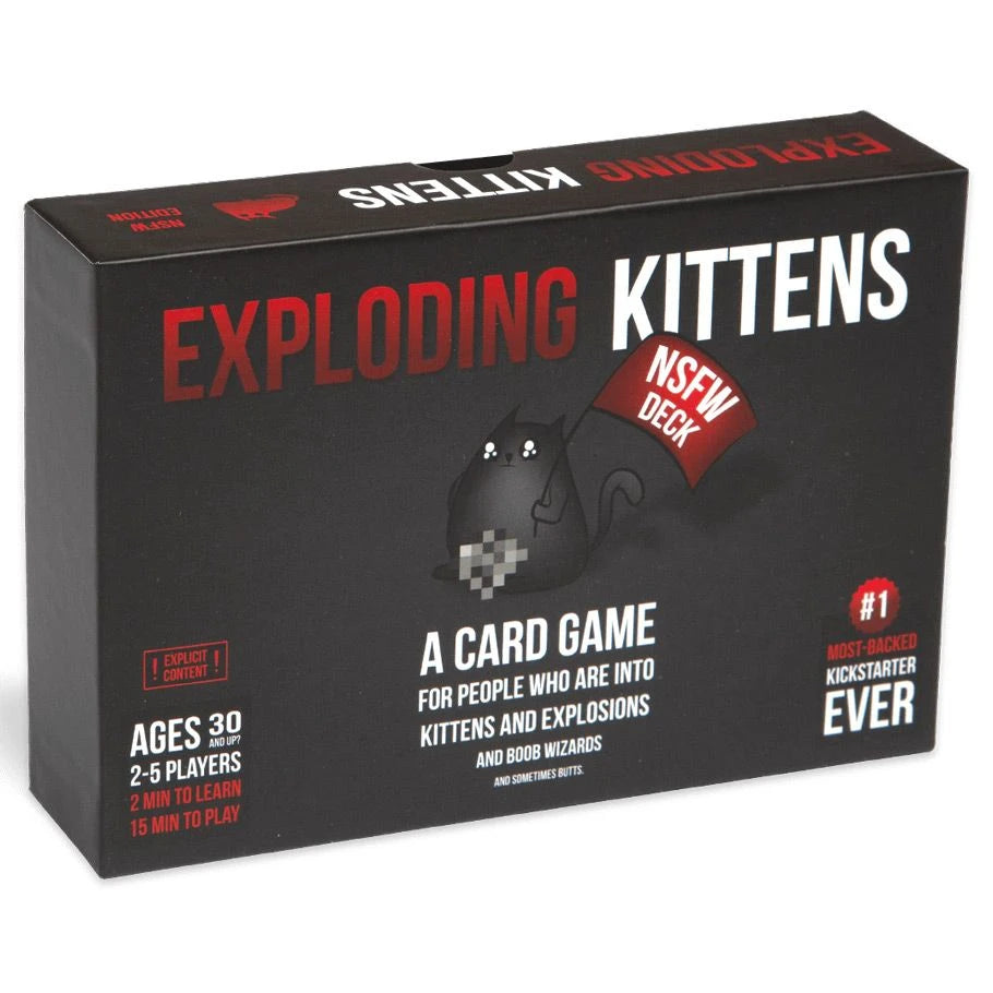 Exploding Kittens NSFW Edition adults-only card game box and 56-card contents