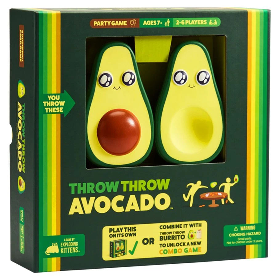Throw Throw Avocado dodgeball card game with cards and two foam avocados