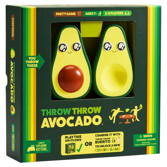 Throw Throw Avocado dodgeball card game with cards and two foam avocados