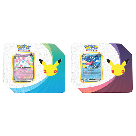 Pokémon TCG 30th Celebration ex Tin featuring Sylveon ex or Greninja ex sealed product packaging