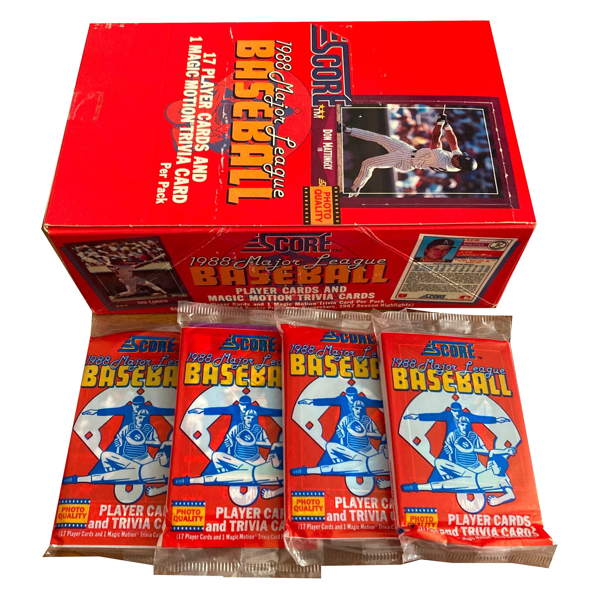 Sealed 1988 Score baseball wax pack containing 17 cards and one Magic Motion trivia card