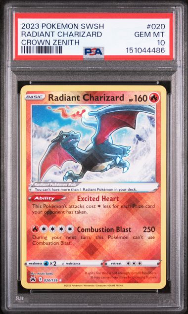 2023 Pokémon Sword and Shield Crown Zenith Radiant Charizard card number 020 graded PSA GEM MT 10