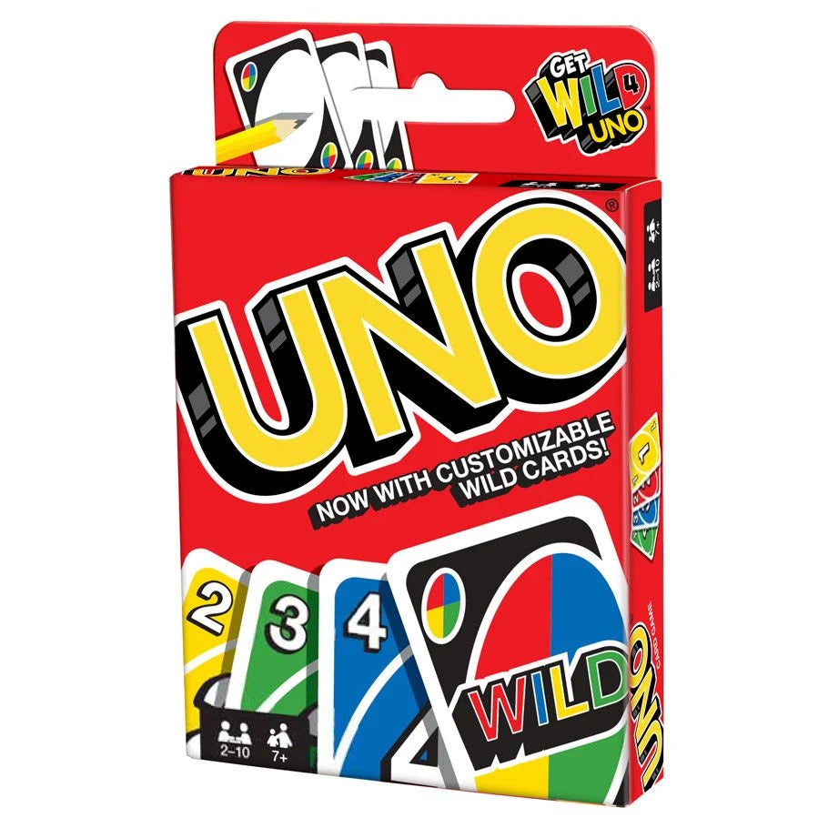 UNO classic 108-card game box by Mattel with colorful number action and Wild cards