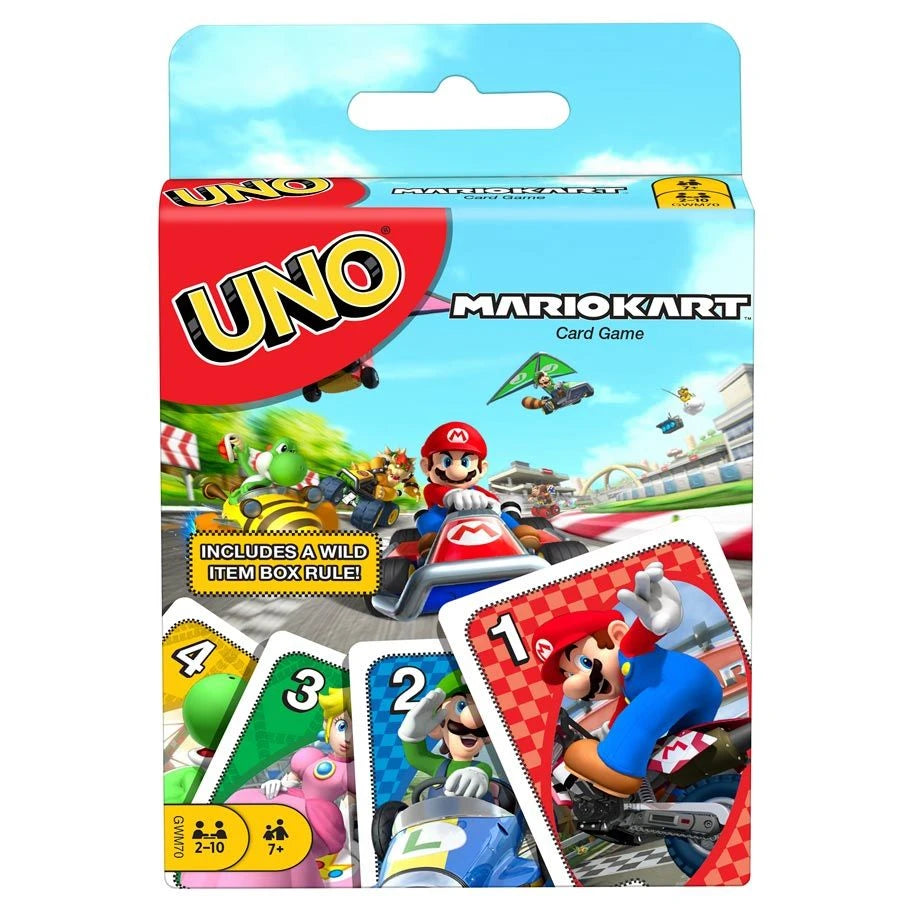 UNO Mario Kart matching card game box featuring Mario and racing-themed character artwork