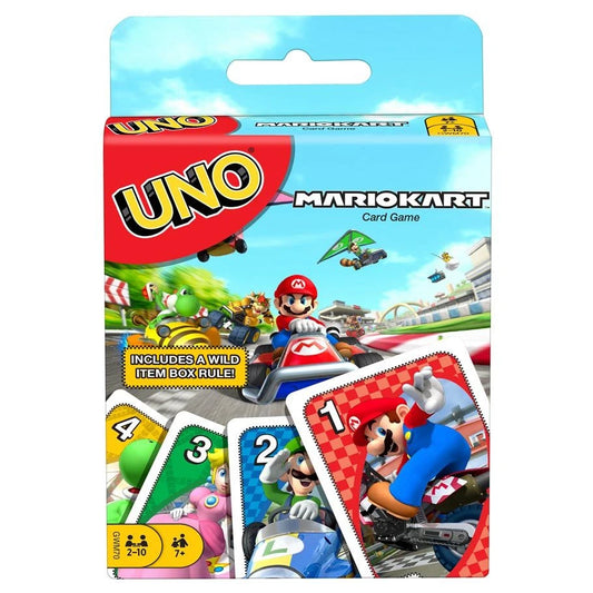 UNO Mario Kart matching card game box featuring Mario and racing-themed character artwork