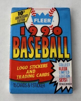 Sealed 1990 Fleer MLB baseball wax pack containing 15 cards and one sticker